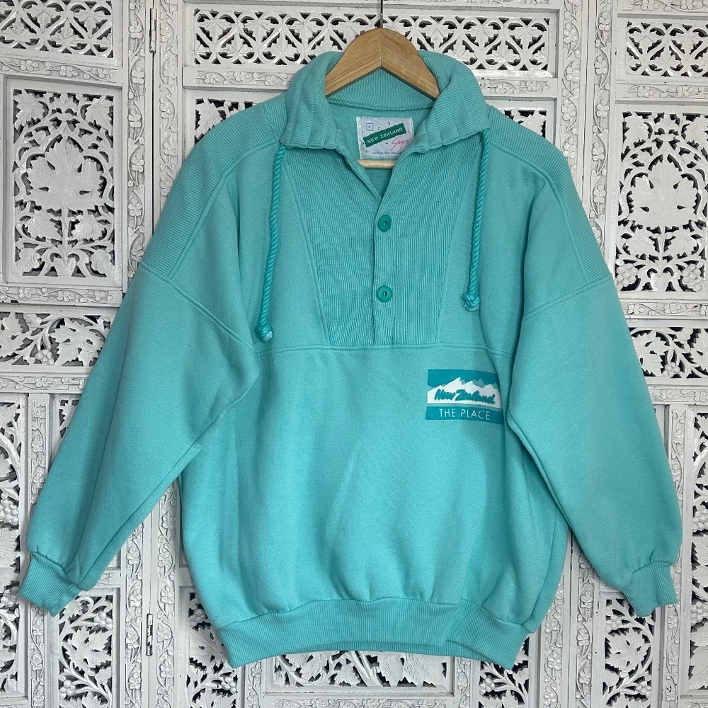 Vintage New Zealand Says‎ Mint Green Henley Style Sweatshirt Sz Small